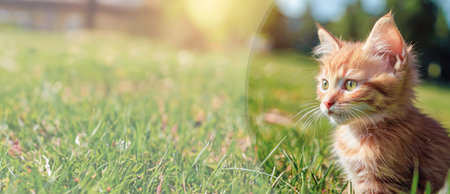 A small, cute, fluffy red kitten. Close-up of a kitten sitting on a green lawn in a summer park. Sunny, clear day. Copy space.の素材
