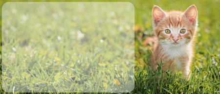 A small, cute, fluffy red kitten. Close-up of a kitten sitting on a green lawn in a summer park. Sunny, clear day. Copy space.の素材