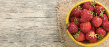 Juicy, ripe strawberry close-up. Panorama, Copy space. Wooden background. Strawberry harvestの写真素材
