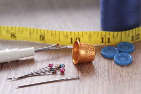 Needle thread, side view. Copy space. Background for creators. Sewing fittings. Side view, close up,...