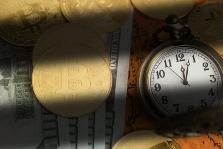 Bitcoin gold coin, close-up. Bitcoin photo. Copy space. Money and time conceptの写真素材