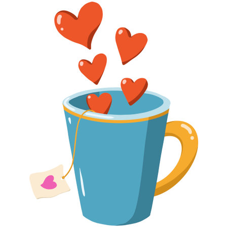 A charming isolated illustration of a cozy blue cup with steam as a shape of vibrant red hearts for Valentines Dayの写真素材