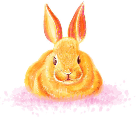 Illustration with fluffy cute easter bunny in yellow color with long ears on pink backgroundの写真素材