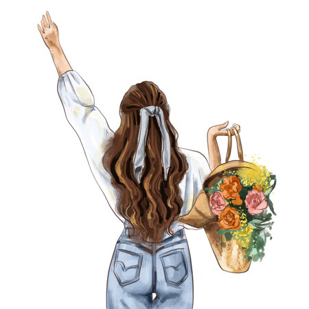 Brunette girl with long hair in jeans and a white jacket, with a basket of flowers, isolated watercolor illustrationの写真素材
