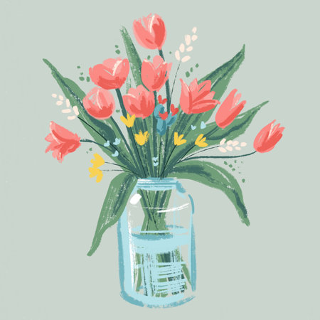 Spring Illustration with a bouquet of red fresh tulips in glass vase of blue water on a light green backgroundの写真素材