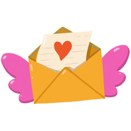 Illustration with a yellow envelope with pink wings and a love letter with a red heart inside, on a white backgroundの写真素材