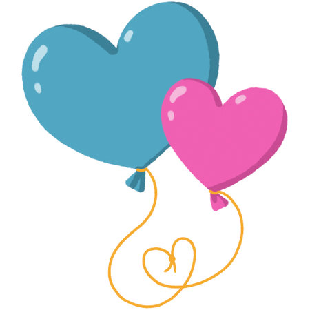 Two balloons in the shape of big and small hearts in pink and blue colours with yellow string on white backgroundの写真素材