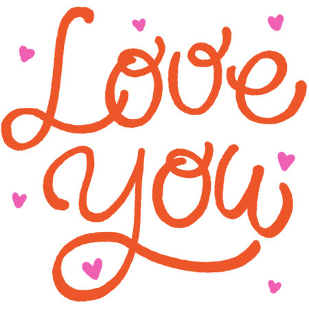 Handwritten calligraphy with phrase love you with floating pink hearts on a white backgroundの写真素材