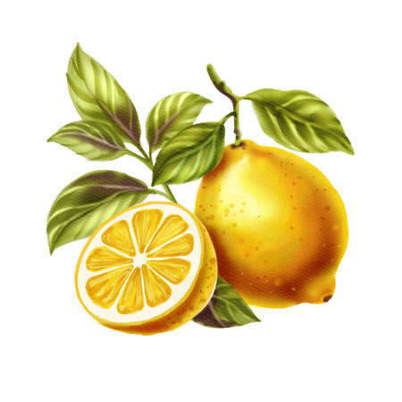 Yellow fresh lemon on a branch with leaves and half a lemon with juicy slices, watercolor illustration, white backgroundの写真素材