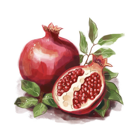 A whole red ripe pomegranate and half a pomegranate with seeds on a background of green leaves, watercolor illustrationの写真素材