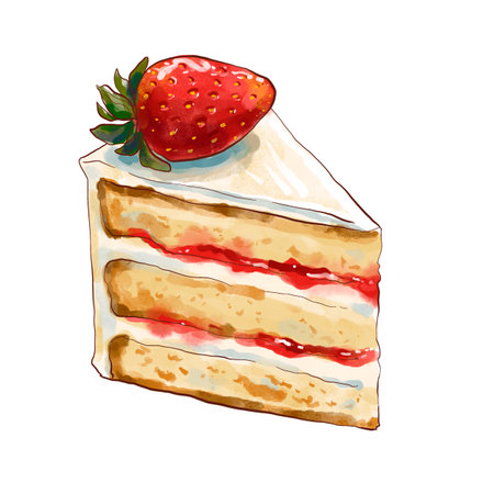 A piece cake with cream and jam, decorated with strawberries, watercolor isolated illustration on a white backgroundの写真素材