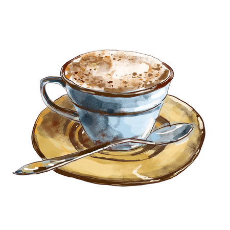 Cappuccino coffee with cinnamon in ceramic cup on saucer with a teaspoon, watercolor illustration on a white backgroundの写真素材