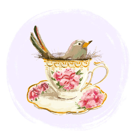 A bird sits in a nest in a tea cup decorated with roses and leaves, illustration on a pastel purple and white backgroundの写真素材