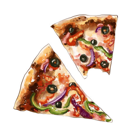 Set two slices pizza with olives, peppers and mozzarella. Digital watercolor isolated illustration on white backgroundの写真素材