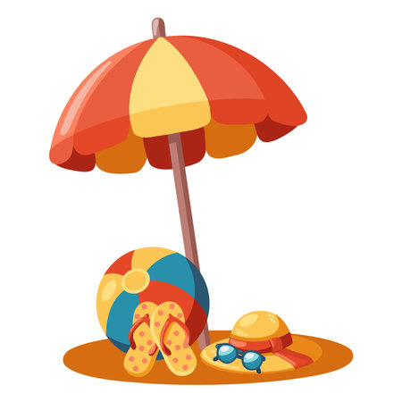 Cartoon vector illustration with beach umbrella, colorful beach ball, flip-flops, straw sun hat, sunglasses lying on sandのイラスト素材