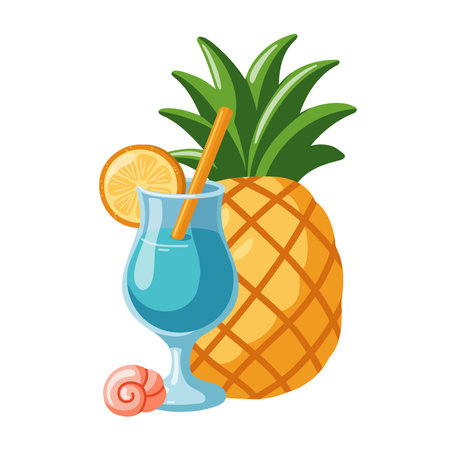 Cartoon Tropical whole Pineapple and blue Cocktail with lemon slice and small seashell. Vector isolated illustrationのイラスト素材