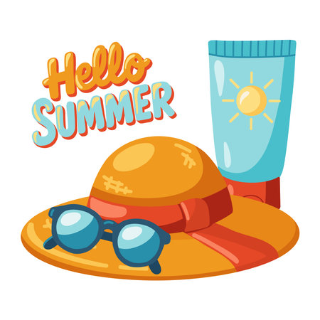 Cartoon summer Hat, Sunglasses, Sunscreen and Hello Summer lettering. Vector isolated illustration on white backgroundのイラスト素材