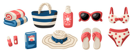 Cartoon beach essentials vector set for summer vacation. Vector isolated illustration on white background.のイラスト素材