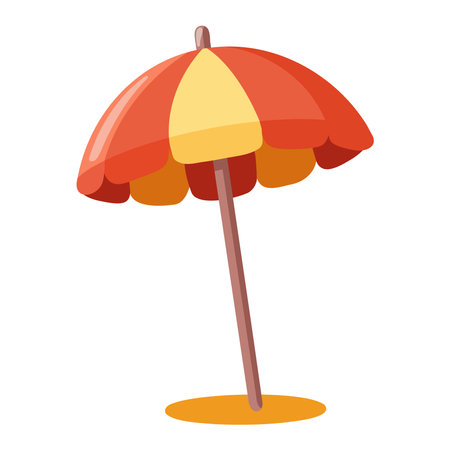 Beach umbrella with red and yellow panels on sand. Cartoon vector illustration on white background.のイラスト素材