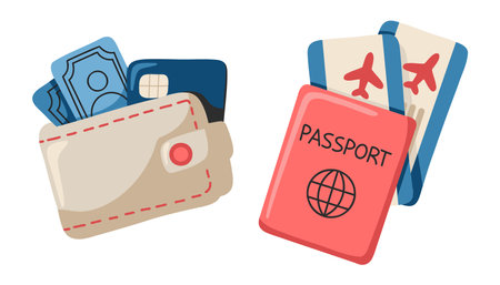Wallet with cash and bank card, passport with airline tickets. Cartoon vector isolated illustration on white background.のイラスト素材
