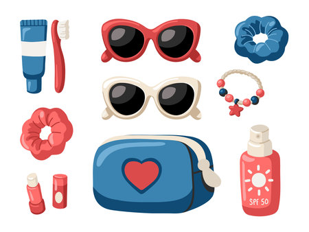 Cartoon vector set of beauty and fashion accessories for summer vacation. Vector isolated illustration on white background.のイラスト素材