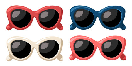 Cartoon vector colorful sunglasses with cat eye shapes in retro style. Vector isolated illustration on white backgroundのイラスト素材