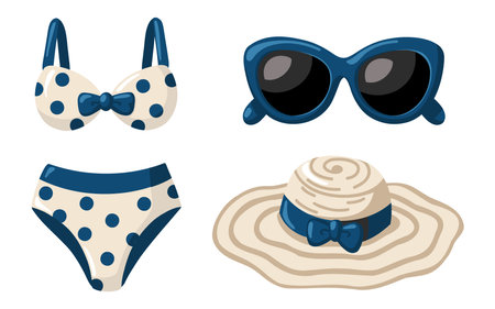 Cartoon vector beach outfit set with bikini, sunglasses and straw hat. Vector isolated illustration on white background.のイラスト素材
