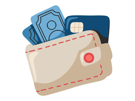 Cartoon beige Wallet with cash money and bank cards. Summer style. Vector isolated illustration on white backgroundのイラスト素材
