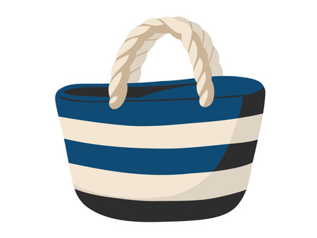 Cartoon summer striped beach bag with rope handles. Vector isolated illustration on white backgroundのイラスト素材