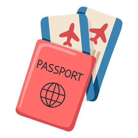 Cartoon passport with boarding passes. Symbol of travel. Vector isolated illustration on white backgroundのイラスト素材