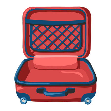 Cartoon open empty travel suitcase with mesh pocket. Vector isolated illustration on white background.のイラスト素材