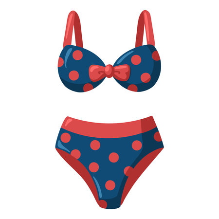 Red and navy blue retro bikini with polka dot pattern and bow. Cartoon vector illustration on white background.のイラスト素材