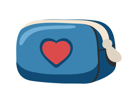 Travel zipped Toiletry Bag in blue color with red heart symbol for cosmetic or travel essentials. Cute cartoon vector illustrationのイラスト素材