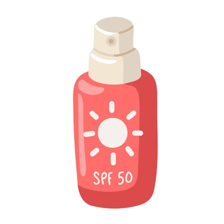 Coral pink SPF 50 sunscreen spray bottle with sun icon. Cartoon vector illustration on white background.のイラスト素材