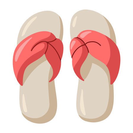 Cartoon red and beige flip-flops. Sandals for beach vacation. Vector isolated illustration on white background.のイラスト素材