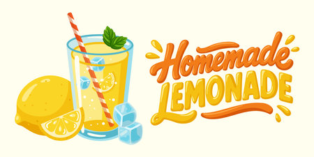 Glass of homemade lemonade with lemon, mint, ice cubes and handdrawn text. Cartoon vector illustration on light backgroundのイラスト素材