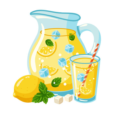 Lemonade jug and glass with full lemon, slices, mint leaves and ice cubes. Cartoon vector summer drink illustrationのイラスト素材