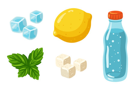 Lemon, mint, sugar, bottle of soda and ice cubes ingredients for lemonade. Cartoon vector illustration on white backgroundのイラスト素材