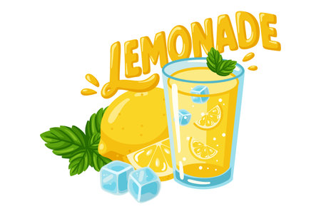 Fresh summer lemonade in glass with lemon, ice, mint leaves and bold text. Cartoon vector illustration on white backgroundのイラスト素材