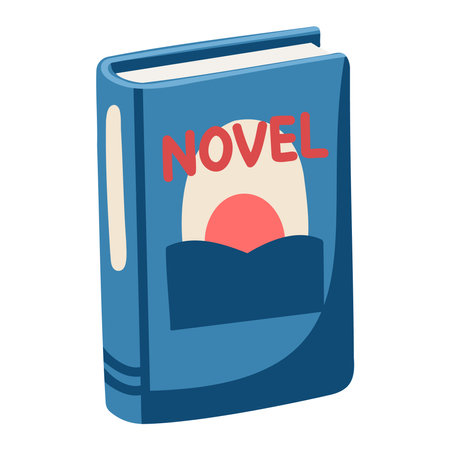 Cartoon book with romantic sunset illustration and title text on the cover. Vector isolated illustration on white backgroundのイラスト素材