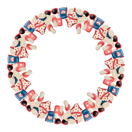 Round frame with swimsuits, hats, flip-flops, sunscreen and books. Cartoon vector illustration on white backgroundのイラスト素材