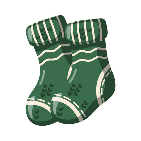 Cozy green wool socks with knitted texture. Autumn and winter warm accessory. Cartoon vector isolated illustrationのイラスト素材