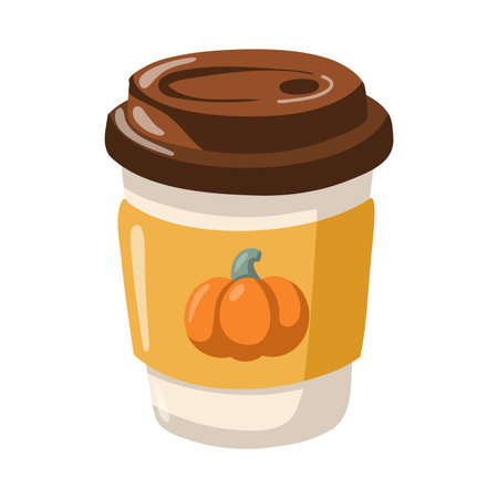 Cozy cup of pumpkin latte with brown lid and pumpkin label. Take-away autumn drink. Cartoon vector illustrationのイラスト素材
