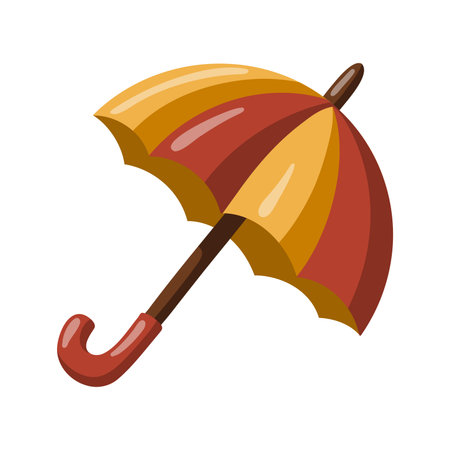 Striped Umbrella in autumn colors red and yellow with curved handle. Fall rainy weather. Cartoon vector illustrationのイラスト素材