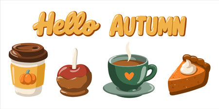 Hello Autumn drinks and treats set with pumpkin latte, caramel apple, cocoa and pumpkin pie. Vector isolated illustrationのイラスト素材