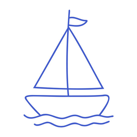 Sailing boat in marine blue line art style. Hand drawn marine icon. Outline vector isolated illustration.のイラスト素材