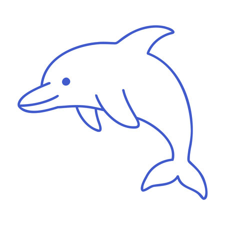 Jumping dolphin in marine blue line art style. Hand drawn marine icon. Outline vector isolated illustration.のイラスト素材