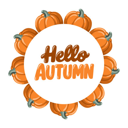 Pumpkin circle frame in cartoon autumn style. Fall season wreath design. Vector isolated illustration on white backgroundのイラスト素材