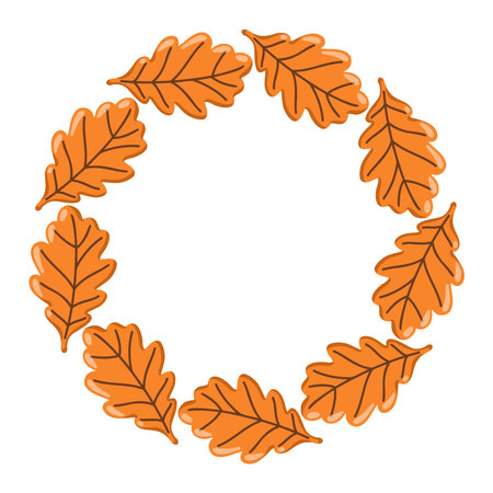 Oak leaf round frame in autumn cartoon style. Orange foliage. Vector isolated illustration on white background.のイラスト素材