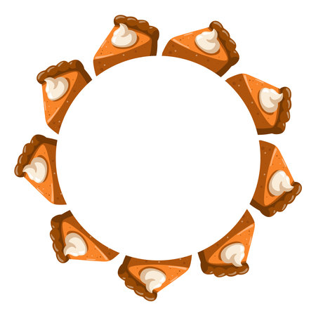 Pumpkin pie circle frame in cozy fall style. Autumn cartoon Vector isolated illustration on white backgroundのイラスト素材